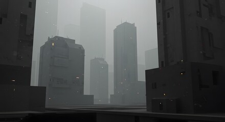 Foggy cityscape view showcasing tall buildings and skyscrapers disappearing into the mist, creating a somber and atmospheric urban scene.