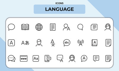 Language and Communication Line Icons – Vector Pack Featuring Translation, Speech Bubbles, Alphabets, Sign Language, Global Communication, and Text Tools for Education and UI Design