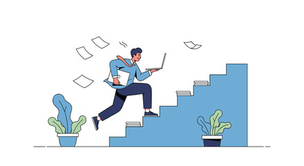 Dynamic depiction of a driven business professional ascending a staircase carrying a laptop and documents with papers flying around showing a fast paced and challenging work environment
