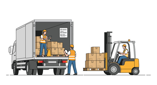 Workers skillfully load and unload cargo boxes using a forklift truck from a delivery vehicle