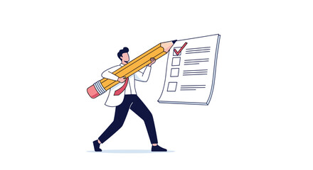 Man with a giant pencil completing a detailed checklist with marked items and progress tracking elements for business and project management