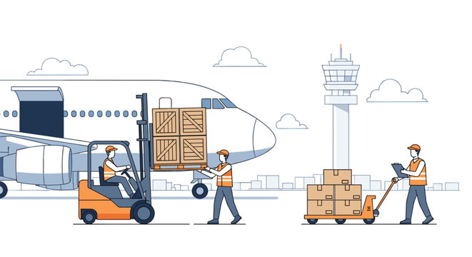 Aircraft cargo loading and unloading operations at the airport tarmac with forklifts and ground crew workers handling packages