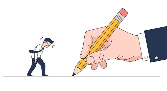 Giant hand uses massive pencil to draw a hurting person on a thin line