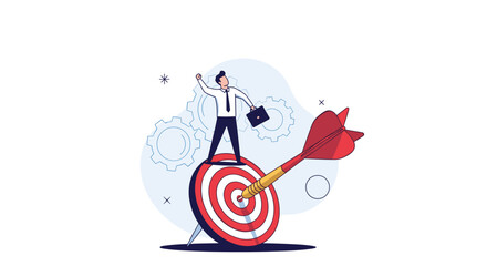 Successful businessman achieving his goals by hitting the bullseye on a target with determination and focus