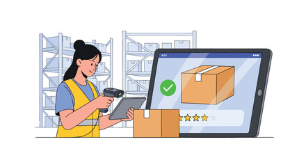 Warehouse worker scanning package for inventory management and order fulfillment using a digital tablet and scanner system