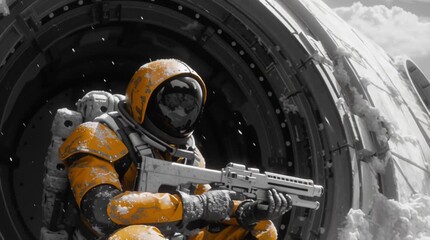 Sci-fi soldier in a crashed spaceship on a snowy alien planet