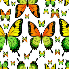 Patterns with butterflies in orange and green shades. Bright and summery for printing textiles, wallpaper, backdrops, stationery and more
