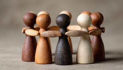 Diverse wooden figures in a circle, arms linked