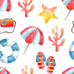 Watercolor illustration summer vacation. Hand drawn seamless pattern with tourism objects: sunglasses, hat, sea shells, photo camera, ice cream, woman shoes. White background