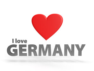 The slogan I love Germany as a 3D rendering with red heart and Text in metallic optics
