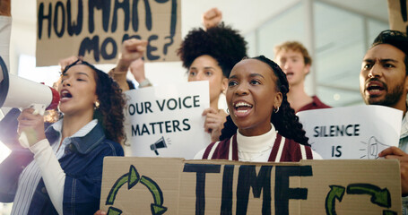 Social justice, protest and people with megaphone, movement or community with opinion for...