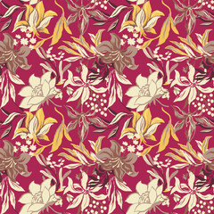 A seamless floral pattern with cream, mustard, and taupe flowers on a rich red background, perfect for women’s fashion, scarves, dresses, and textile prints.