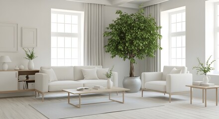 White Chair and Decorative Tree in Minimal Room