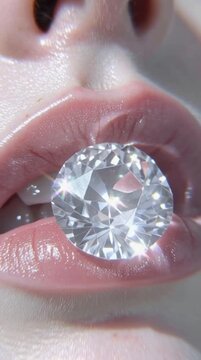 Extreme close-up of a woman holding a sparkling diamond in her mouth