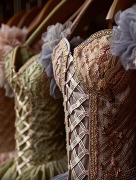 Ornate pastel ballet tutus with detailed corsets hanging on a rack