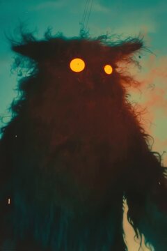 Scary shadowy monster with glowing orange eyes in a dark forest at dusk