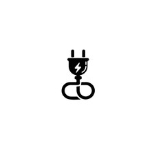 A simple black and white graphic of an electrical plug with a cord loop