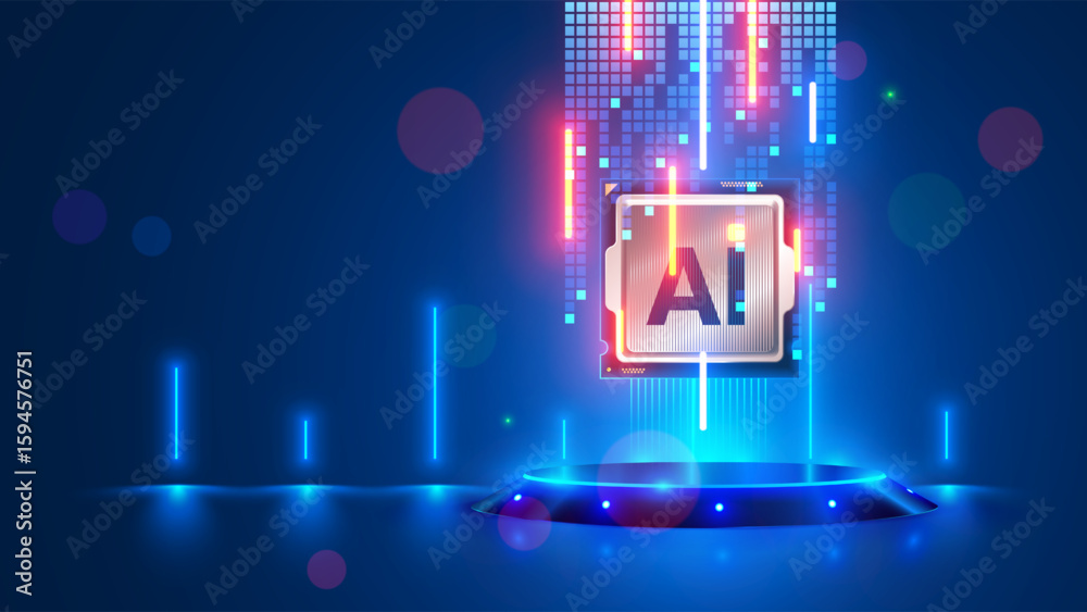 Wall mural ai chip hover above the podium in cyberspace. processor with ai letters for artificial intelligence 