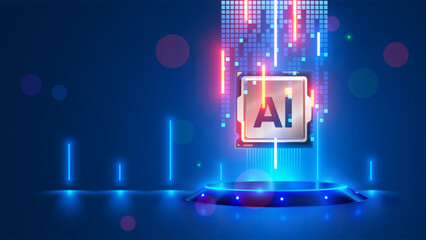 AI chip hover above the podium in cyberspace. Processor with AI letters for artificial intelligence on a presentation stand surrounded by electronic clusters of signals in the beams of searchlights.