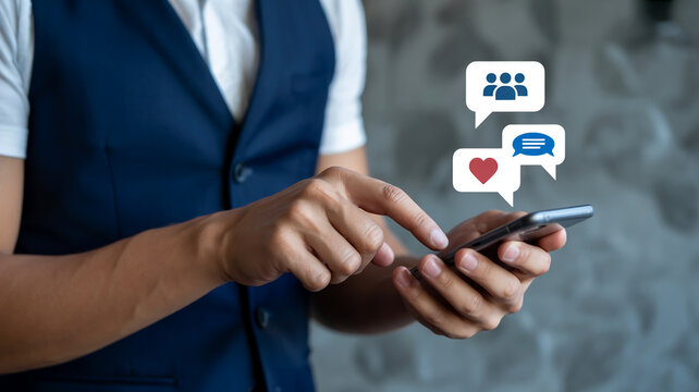 Man using smartphone with social media icons hands 1 - Powered by Adobe