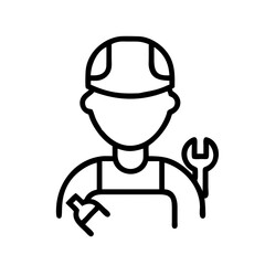 Handyman with tools, an outline icon on white background. This handyman with tools icon illustrates skilled labor and craftmanship. Showcasing handyman with tools for service company logos.