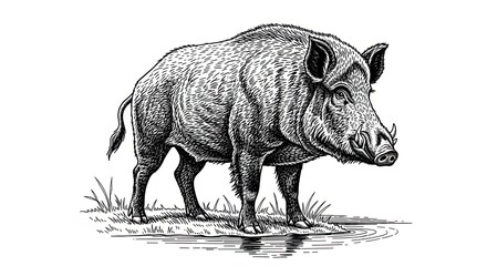Vintage Etching of a Solitary Wild Boar by a Tranquil Lake