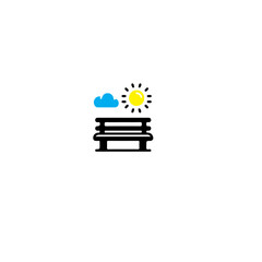 Iconic representation of a bench under a sun with a cloud in the sky icon