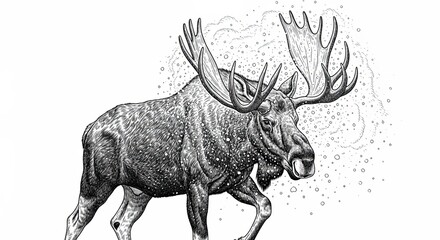 Obraz premium Detailed Etching of a Moose Dispelling Snow from its Large Antlers