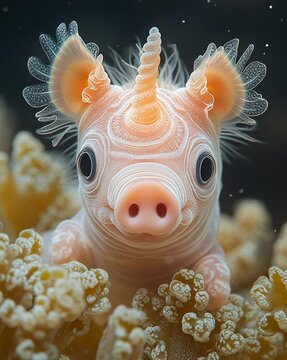 Cute surreal fantasy creature a unicorn pig in a coral reef