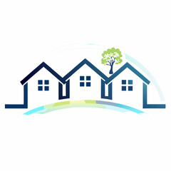 Modern Home Logo Design with Tree Watercolor Background and Clean Lines Illustration