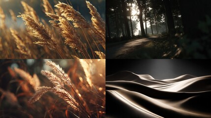 Four panels showcasing natural landscapes, golden grasses, and a forest path,  with a smooth desert dune in the bottom right