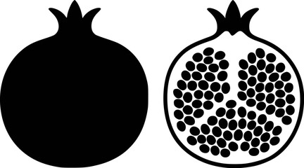 Whole and halved pomegranate fruit seeds