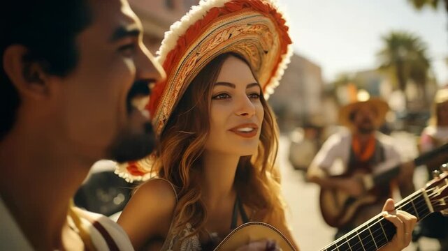 Happy woman Mariachi musician playing guitar at Cinco de Mayo festival.Cinco De Mayo - Mexico's national holiday