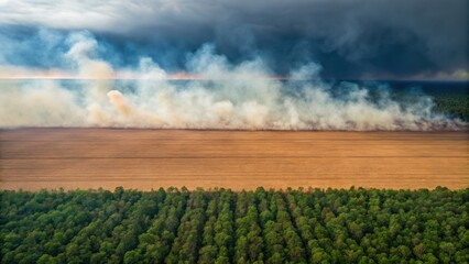 Aerial view of a landscape showing smoke from a fire over fields, contrasting with a dense forest at the bottom of the image.