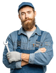 handyman holding wrench in hand isolated on transparent background