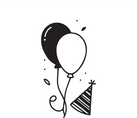 Minimalist Monochrome Birthday Card Black & White Balloons with Party Hat