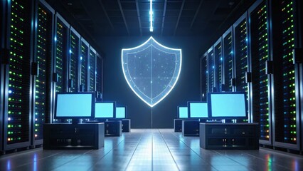 A futuristic data center with rows of servers and a glowing shield symbol in the background, representing cybersecurity and technology.