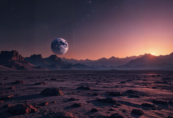 A breathtaking, digital illustration of a vast, desolate landscape at sunrise on an alien planet.