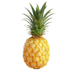 Single pineapple, vibrant yellow-gold skin, bright green leaves