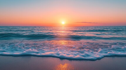 Beach Waves with Ocean Horizon at Sunset