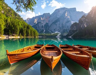 Wooden Boats on Turquoise Lake Braies with Boathouse & Dolomites | Idyllic Alpine Scenery