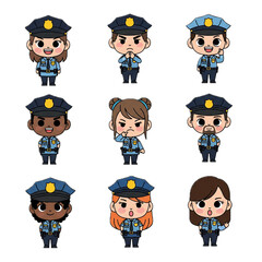 Set of police officer characters with different emotions and expressions in flat cartoon style