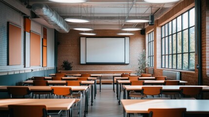 Empty classroom with large projector screen, brick walls, and rows of desks