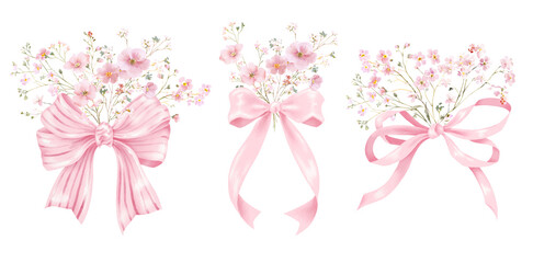 Light Pink Floral Bows Clipart. Hand-Drawn Watercolor Ribbons with Tiny  Pink Wildflowers on Transparent Background. perfect for greeting cards, wedding invitations, baby showers, birthdays, and other