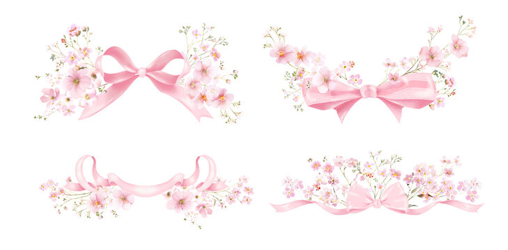 Light Pink Floral Bows Clipart. Hand-Drawn Watercolor Ribbons with Tiny Pink Wildflowers on Transparent Background. perfect for greeting cards, wedding invitations, baby showers, birthdays, and other - Powered by Adobe