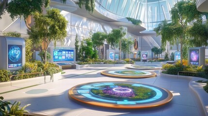 Futuristic indoor garden with interactive displays