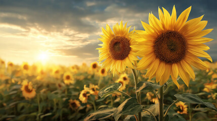 Fototapeta premium Golden Hour Sunflower Symphony: Sunflowers basking in the golden hour sunlight, creating a vivid tapestry of color. A field of sunflowers stand tall, their faces turned to the sun.
