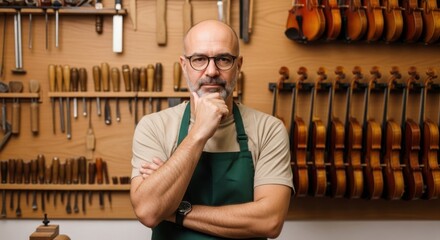 Skilled Craftsman Carefully Considers Violin Making Process in Workshop