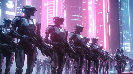Futuristic robotic soldiers in a neon-lit city