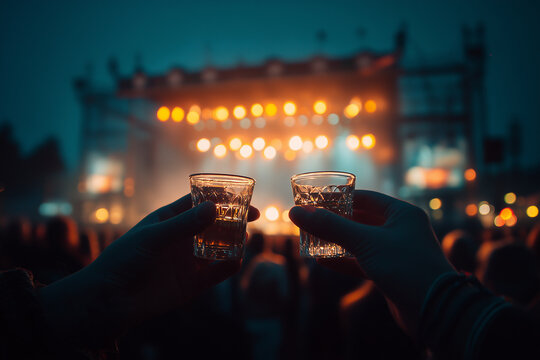 Two hands holding shot glasses at a concert alcohol